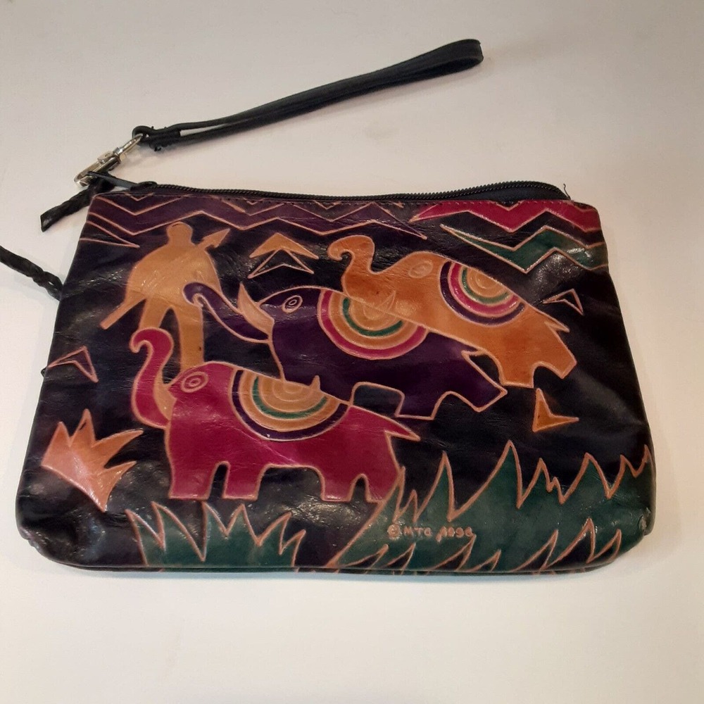 Vintage 1996 MTC Leather Pouch Wristlet Elephants